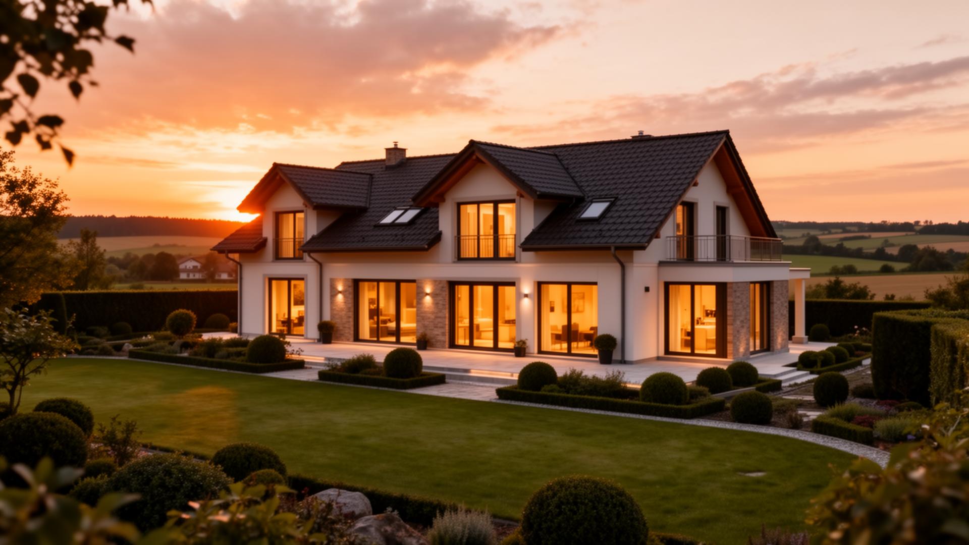 Modernes Einfamilienhaus in der Region Göttingen im Abendlicht